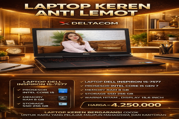 DELL INSPIRON 15-7577 , TYPE BARU BODY SLIM, PROSESOR INTEL CORE I5 GEN 7 MEMORY RAM 8 GB STORAGE SSD 256 GB  DISPLAY 15,6 INCH MULUS , WARNAH HITAM ,